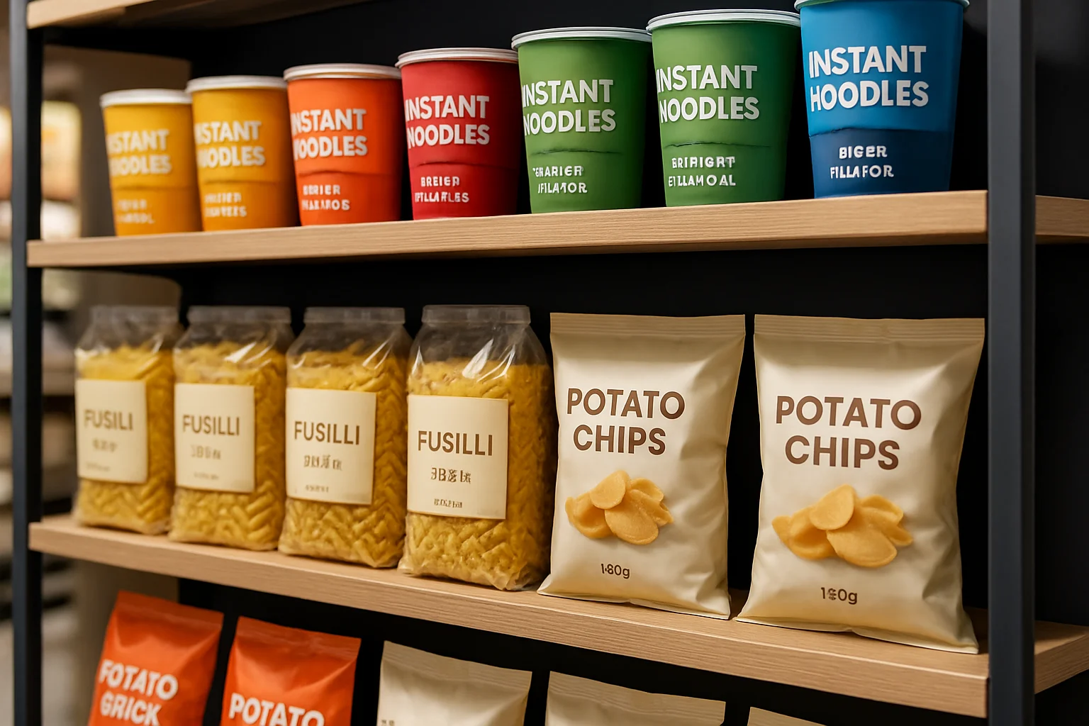 Estantes organizados con productos alimenticios